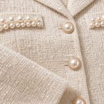 Elegant Pearl Embellished Tweed Blazer and Flared Midi Skirt Set