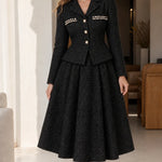 Elegant Pearl Embellished Tweed Blazer and Flared Midi Skirt Set