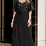 Elegant Sequin V-Neck Flare Sleeve Formal Evening Gown