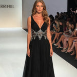 Pleated V-Neck Embellished Floor-Length Evening Gown