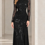 Long Sleeve Mock Neck Ruched Floral Lace Evening Gown