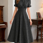 Elegant Short Sleeve Woven A-Line Midi Dress with Puff Sleeves