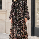 Elegant Tie-Neck Handkerchief Hem Maxi Dress with Long Sleeves