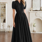 Short Sleeve Pleated V-Neck Midi Dress with Belt