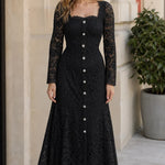 Square Neck Floral Lace Long Sleeve Midi Dress with Crystal Buttons