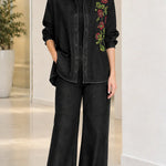 Women's Floral Embroidered Denim Shirt and Wide-Leg Pants Set