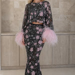 Embellished Two-Piece Feather Trim Crop Top and Maxi Skirt Set