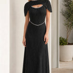 Pleated Cape Sleeve Beaded Maxi Dress with Cutout Detail