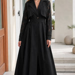Lace-Sleeve Trench Maxi Coat Dress with Matching Belt