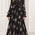 Floral Print Ruffled High-Neck Maxi Dress with Long Sleeves and Pearl Trim