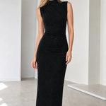 Sleeveless Mock Neck Ruched Glitter Maxi Dress