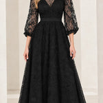 Elegant Floral Lace V-Neck A-Line Maxi Dress with 3/4 Sleeves