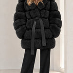 Women's Hooded Belted Faux Fur Coat with Tiered Plush Panels
