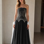 Strapless Beaded Corset Evening Gown with Scalloped Fringe & Chiffon Skirt