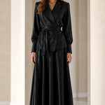Elegant Satin Wrap Blazer Top and Maxi Skirt Two-Piece Set