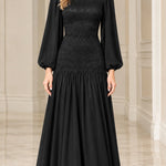 Elegant Mock Neck Lace Bodice Long Sleeve Chiffon Maxi Dress