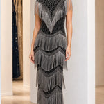 Vintage Art Deco Beaded Fringe Evening Gown | High Neck Maxi Formal Dress