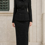 Double-Breasted Tweed Blazer and Column Maxi Skirt Two-Piece Suit Set