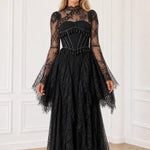 Long Sleeve Lace Corset Maxi Dress with Tassel Fringe and Cutout Back