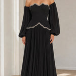 Off-The-Shoulder Beaded Scallop Choker Pleated Maxi Evening Gown