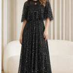 Elegant Sequin Embellished Mesh Overlay Maxi Dress