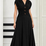 Elegant Ruched Waist V-Neck Midi Dress with Embellished Accents
