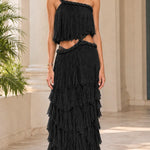 One-Shoulder Cutout Tiered Ruffle Maxi Dress with Braided Rope Trim