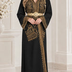 Embroidered Moroccan Kaftan Maxi Dress with Ornate Waist Belt