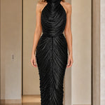 High Neck Pleated Shimmer Backless Maxi Evening Dress