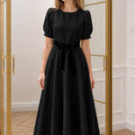 Women's Textured Puff Sleeve A-Line Midi Dress with Velvet Waist Tie