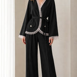 Lace Trim Wrap Blazer and Wide-Leg Pants Two-Piece Suit Set
