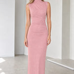 Sleeveless Mock Neck Ruched Glitter Maxi Dress