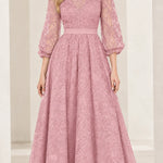 Elegant Floral Lace V-Neck A-Line Maxi Dress with 3/4 Sleeves