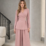 Women's Elegant Wrap Front Button Accent Blazer Top and Wide Leg Pants Two-Piece Set