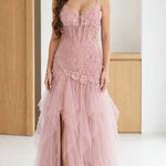 Floral Lace Corset Bodice Tulle Maxi Evening Gown with Slit