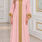 Embroidered Gold Trim V-Neck Kaftan Maxi Dress