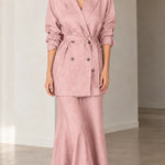 Women's Double-Breasted Belted Blazer and Flared Maxi Skirt 2-Piece Suit Set