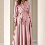 Elegant Satin Wrap Blazer Top and Maxi Skirt Two-Piece Set