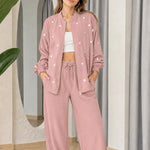 Women's Pearl Embellished Zip Bomber Jacket and Wide-Leg Pants 2-Piece Set
