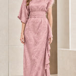 Floral Jacquard Asymmetrical Maxi Dress with Embellished Neckline