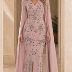 Embellished Cape Sleeve Evening Gown with Front Slit