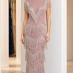Vintage Art Deco Beaded Fringe Evening Gown | High Neck Maxi Formal Dress