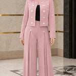 Star Embellished Cropped Jacket and Pleated Wide Leg Pants 2-Piece Suit Set