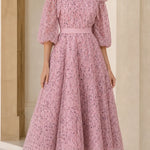 Cold Shoulder Embroidered Lace Midi Dress with Puff Sleeves and Tie Waist