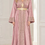 Elegant Embroidered Satin Kaftan Maxi Dress with Ornate Belt