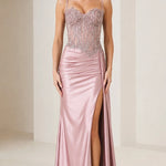 Sleeveless Beaded Corset Slit Formal Evening Dress