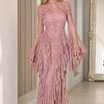 Gothic Lace Corset Maxi Dress with Dramatic Bell Sleeves and Tiered Ruffle Skirt