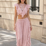 Boho Lace Ruffle Two-Piece Crop Top and Wide Leg Pants Set