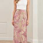 High-Waisted Metallic Jacquard Column Maxi Skirt with Feather Trim