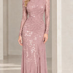 Long Sleeve Mock Neck Ruched Floral Lace Evening Gown